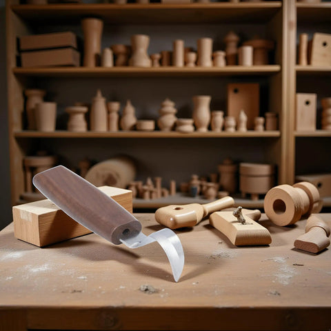 Top Shelf Walnut Handle Wood Carving Hook Knife And Spoon Gouge With Double Sided Curved Blades For Whittling Bowls Cups And Weekend Builds Hella Smooth Cutting Every Time on a workbench with wood pieces.
