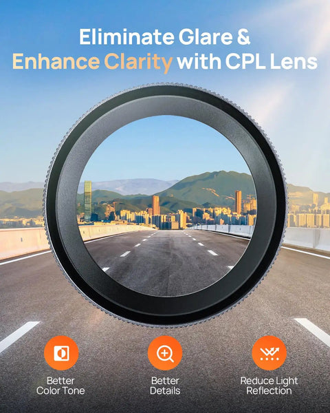Polarizing CPL Filter For A810 Lite T800 And T800E Dash Cams With Snap On Design Anti Glare Lens shows clear road view
