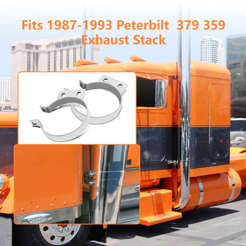 5 Inch Exhaust Stack Mounting Bracket Kit For Peterbilt 379 359 1987 1993 on orange truck with chrome clamps
