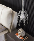 Crystal Chandelier Pendant Light White 1 Light for Hallways, Closets, Kids Rooms and Small Spaces, hanging above side table.