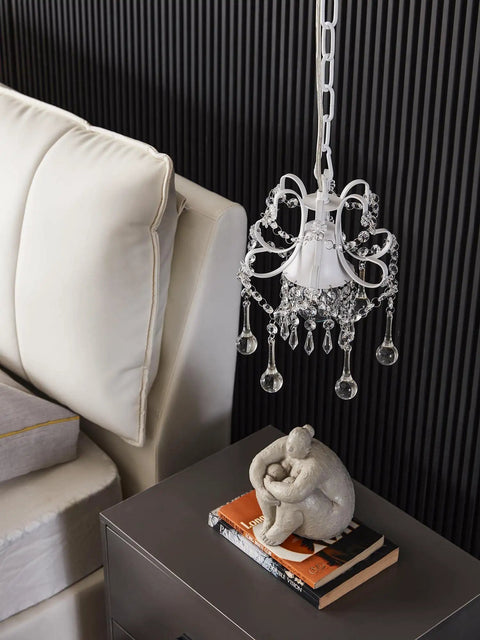 Crystal Chandelier Pendant Light White 1 Light for Hallways, Closets, Kids Rooms and Small Spaces, hanging above side table.