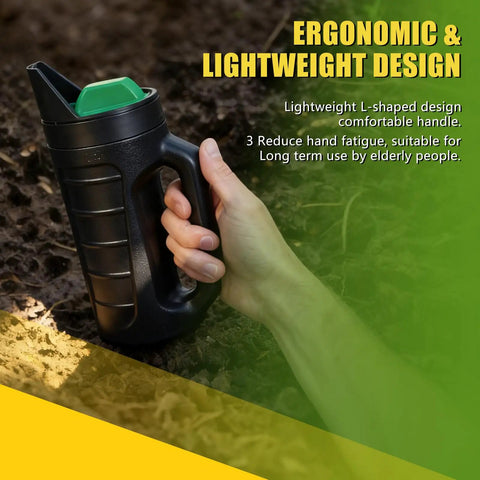 Hand holding Three Opening Adjustable Handheld Seed Spreader With 90 Ounce Capacity for Fertilizer in green garden setting.