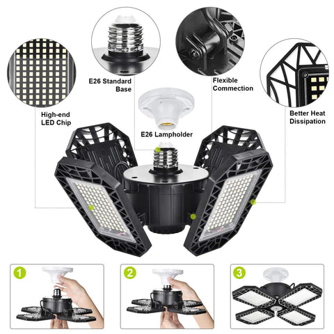 Deformable 120W LED Garage Light Four Panel Ceiling Fixture With 12000 Lumens, E26 base and adjustable panels shown in assembly steps