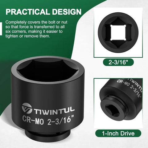 Heavy Duty Beefy 2 3/16 Inch Deep Six Point Impact Socket With One Inch Drive For Semi Truck Axles and Flange Nuts, black finish.