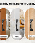 4 Inch Black Iron Cabinet Pulls Pack Of 2 With Ergonomic Grip installed on doors in living room, patio, and bathroom settings
