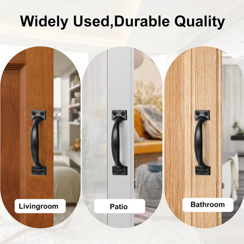 4 Inch Black Iron Cabinet Pulls Pack Of 2 With Ergonomic Grip installed on doors in living room, patio, and bathroom settings