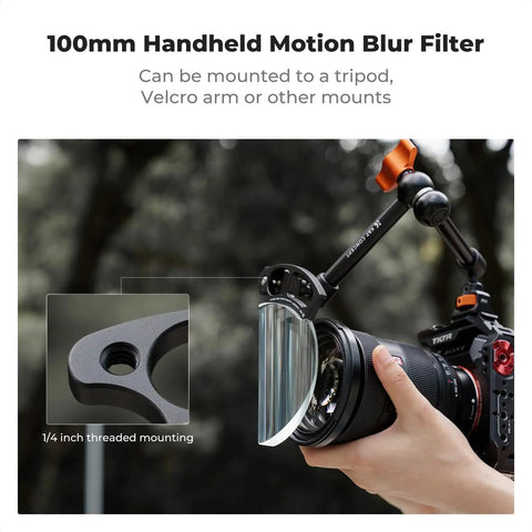 Person holding 100mm handheld drag filter for photography attached to a camera with K9 optical glass for creative effects