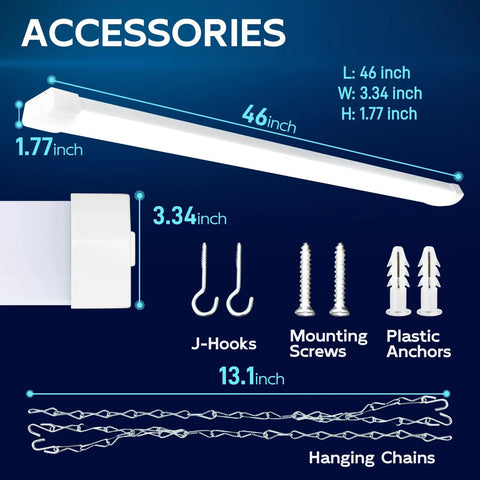 Image of 4Ft LED Shop Light Linkable 120W 13000 Lumens 5000K Daylight White Utility Light with accessories, dimensions labeled.