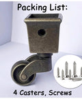 Set Of Four Antique Polished Square Tapered Cup Casters With Ultra Slick Rolling One Inch Wheels For Easy Furniture Hauling And Nifty Home Improvement Projects, showing caster and screws.