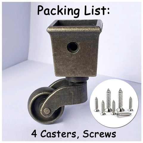 Set Of Four Antique Polished Square Tapered Cup Casters With Ultra Slick Rolling One Inch Wheels For Easy Furniture Hauling And Nifty Home Improvement Projects, showing caster and screws.