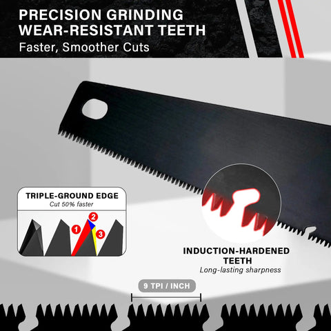 Aggressive 22 Inch Hand Saw With Chip Removal Design For Clean Cuts Heavy Duty Wood Saw With 9 TPI Triple Ground Teeth Rust Proof Low Friction Blade And Labor Saving Ergonomic Handle For Quick Effortless Cutting