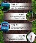 Steps showing use of 3 In 1 Soil Moisture Light And PH Tester For Indoor Outdoor Gardens Lawn Farm Greenhouse No Batteries Required Easy Plant Care Tool Kit For Healthier Plants