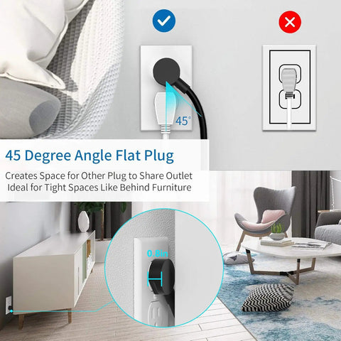 45-degree angle flat plug for 25 Ft Flat Plug Extension Cord Power Strip With 12 Outlets And 3 USB Ports, 2100J Surge Protection.