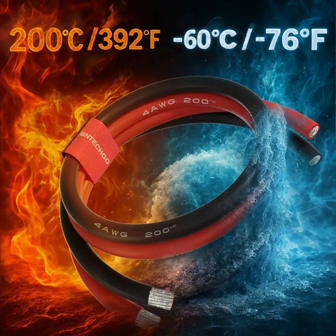 Beefy 4 Gauge Silicone Wire Set With 5 Ft Red And 5 Ft Black Flexible 4 AWG Stranded Tinned Copper Cable For Auto Audio Power And Electrical Installations Now against a fiery and icy background showing temperature range.