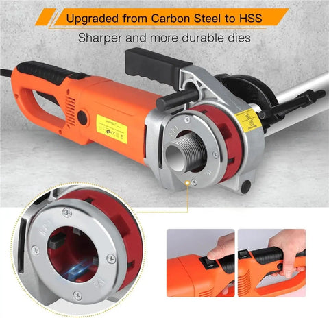 Hella Powerful 2300W Heavy Duty Electric Pipe Threader With Six Quick Change Dies For Galvanized Steel And Iron Pipes showing upgraded HSS dies and handle.