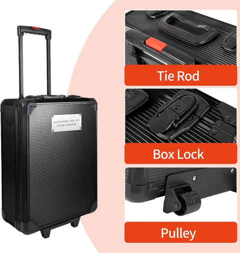 799Pcs Aluminum Trolley Case Tool Set With Belt And Gloves, 187 Polishing Tools, DIY Ready Household Hand Tools, black case with handle, lock, and wheels shown.