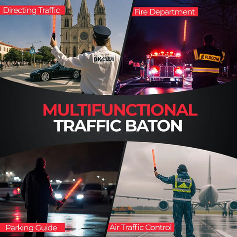 Two Pack 21 Inch LED Traffic Wands With Dual Flash Modes Bright Safety Light Baton in various guiding scenarios