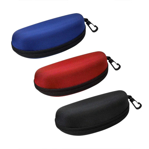 Three Grab And Go Portable Zipper Sunglasses Cases With Clip in blue, red, and black for men and women protective eyewear organizer