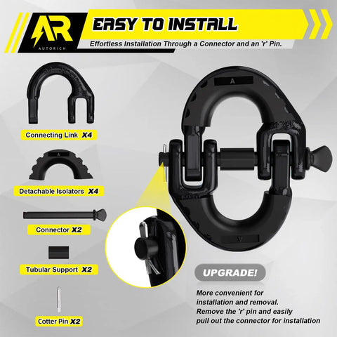 Safety Chain Connector Link One Half Inch Tow Hitch Hammerlock Coupling Link Heavy Duty G80 Alloy Steel Tow Chain Connector Quick Install And Remove Twelve Thousand Pounds Load Limit Black 2 Pack with installation components and illustration