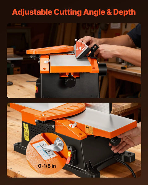 Heavy Duty Six Inch Spiral Benchtop Jointer Boasts A Beefy Two Horsepower Motor Churning At Twelve Thousand Rpm With Twelve Blade Spiral Cutterhead Delivering Flawless Surfaces Adjustable Fence And Solid Cast Aluminum Table Built Tough For Real Workers with adjustable cutting angle and depth settings.