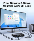 Five Port 2.5Gb Ethernet Switch With Five 2.5Gb Ports connected to desktop, NAS, displaying upgrade from 1Gbps to 2.5Gbps.