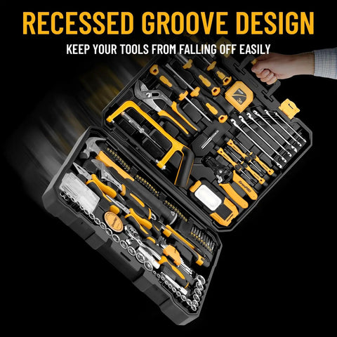 218 Piece Home Tool Kit With General Household Hand Tools Set Including Screwdrivers, Wrenches, Hammer, in open case