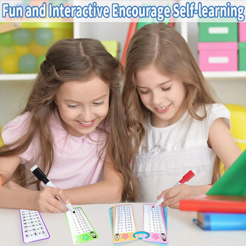 Children using Multiplication Flash Cards 0-12 Set With 15 Double Sided Cards Dry Erase Markers for math practice