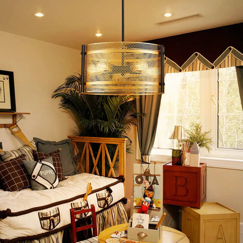 Farmhouse Drum Chandeliers Pendant Light Fixture With Gold Mesh Shade And Black Frame in cozy living room setting
