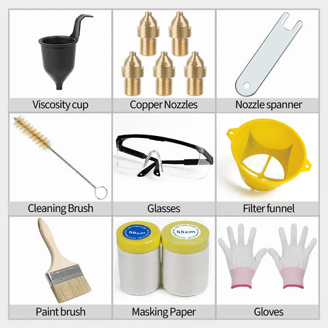 Accessories for Powerful HVLP Paint Sprayer With Five Copper Nozzles And Three Spray Patterns, including brush, funnel, gloves.