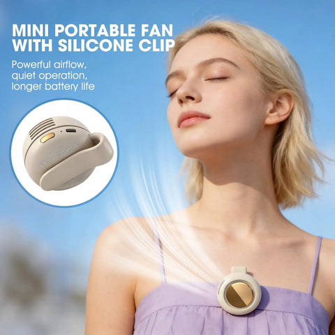 Woman enjoying breeze from Portable Bladeless Clip On Fan For Waist Or Shirt Hands Free Personal Neck Wearable Cooling Fan