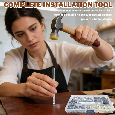 Woman using Leather Button Snap Kit 100 Sets 12.5mm With Four Fixing Tools Includes Cap Socket Closing Post And Stud