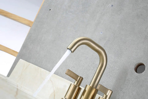 Brushed Gold Two Handle 4 Inch Centerset Bathroom Faucet With Push Up Pop Up Drain No Fuss Easy DIY Install Solid Brass Waterway