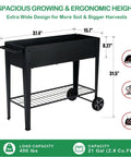 Tall Raised Garden Bed On Wheels With Extra Wide 37.4 Inch By 15.7 Inch Planting Box Holds Up To 400 Lbs Of Soil Heavy Duty Metal Planter For Veggies Herbs And Flowers With Storage Shelf And Handy Handle For Patio Or Balcony, shown with dimensions and icon graphics.