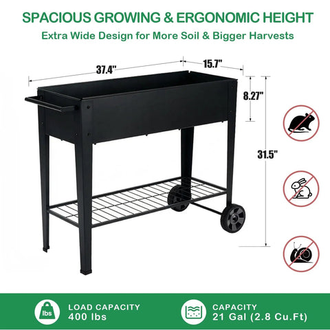 Tall Raised Garden Bed On Wheels With Extra Wide 37.4 Inch By 15.7 Inch Planting Box Holds Up To 400 Lbs Of Soil Heavy Duty Metal Planter For Veggies Herbs And Flowers With Storage Shelf And Handy Handle For Patio Or Balcony, shown with dimensions and icon graphics.