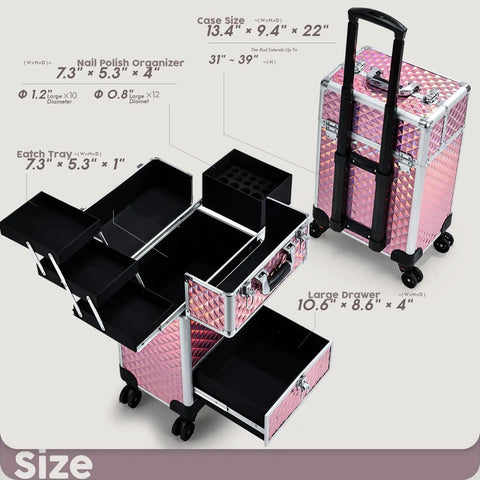 Rolling Makeup Case On Wheels With Drawer For Estheticians Manicurists And Mobile Stylists Durable Aluminum Trolley Glitter Pink Travel Cosmetic Case With Sliding Drawer And Ample Storage