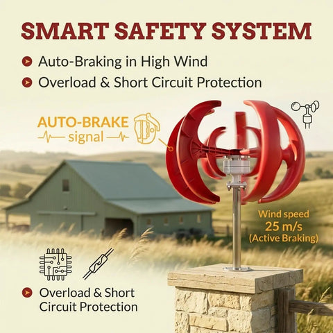 Vertical Wind Turbine Kit 100W 300W 500W With MPPT Controller featuring smart safety system in rural setting