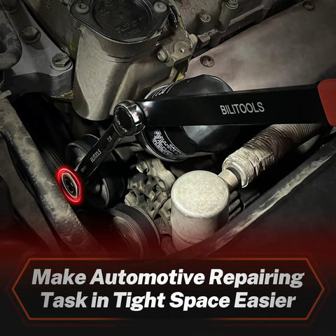 Serpentine Belt Tool Set for Vehicles With Spring Tensioner in use in engine bay, showcasing ratcheting wrench in tight space