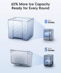 Smart Nugget Ice Maker For Countertop With Smartphone App Control And A Spacious 1.14 Gallon Side Tank serving eight and five drink capacities.
