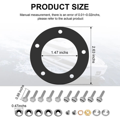 5 Hole Fuel Tank Gasket Kit for Marine Electric and Mechanical Senders, Fits 03572810 Style with screws and washers displayed