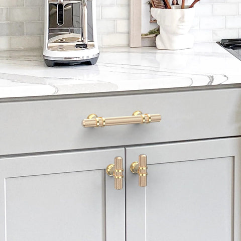 10 Pack 3 Inch Gold Knurled Cabinet Pulls Brushed Brass Kitchen Cabinet Handles installed on gray kitchen cabinets