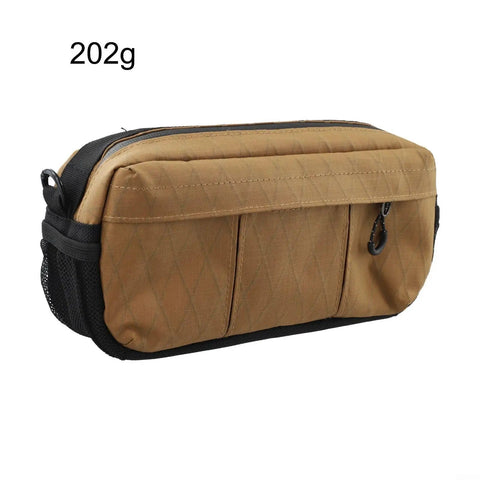 Brown waterproof nylon bike handlebar bag side view, showing grab-and-go compartment, size 202g