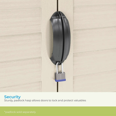 Close-up of lockable handle on Vertical Outdoor Storage Shed For Long Handled Tools And Garden Gear In Vanilla, All Weather Construction