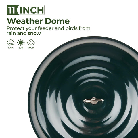 Top view of green Heavy Duty Metal Weather Shield Dome For Outdoor Bird Feeders, Hanging Squirrel Baffle Rain Guard, 11.5 Inch.