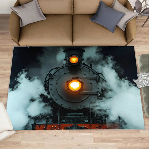 Top view of Train Themed Area Rug 3 By 5 Feet Locomotive Engine Carpet for living room with sofa, retro design.
