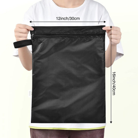 Person holding 2 Pack 12X16 Inch Waterproof Wet Laundry Bags For Gym Beach Pool Grab And Go Storage For Wet Swimwear And Dirty Clothes Travel Laundry Bag Machine Washable Durable Black