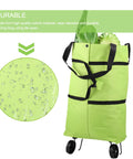 2 In 1 Foldable Shopping Cart With Wheels And Waterproof Tote showcasing green durable fabric and vegetables inside