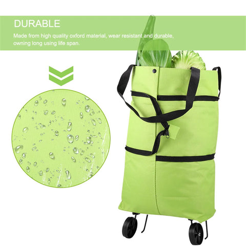 2 In 1 Foldable Shopping Cart With Wheels And Waterproof Tote showcasing green durable fabric and vegetables inside