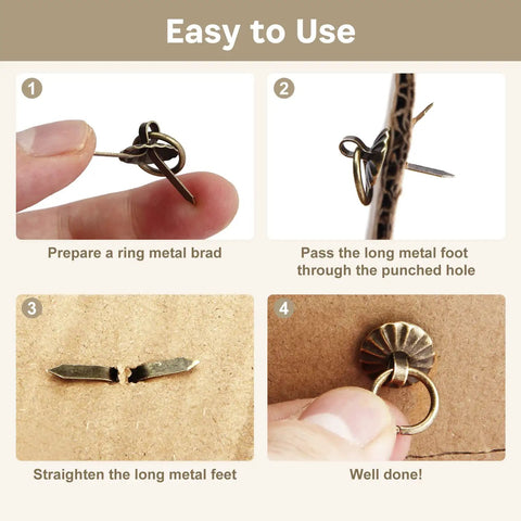 Mini Pull Ring Metal Brad Fasteners Set In Old School Bronze, Lightweight Vintage Decorative Hardware for installation steps