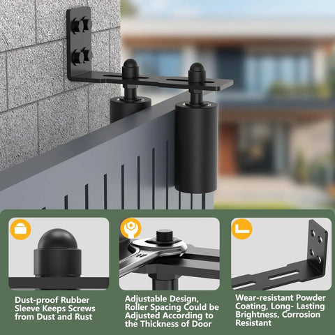 Heavy Duty Sliding Gate Roller Hardware Kit With Steel Wall Mount Bracket And Nylon Roller Guides Built Tough For Garage Doors And Wood Gates Adjustable Micro Adjustment Black 2 Pack 4 Inch shown installed on wall.