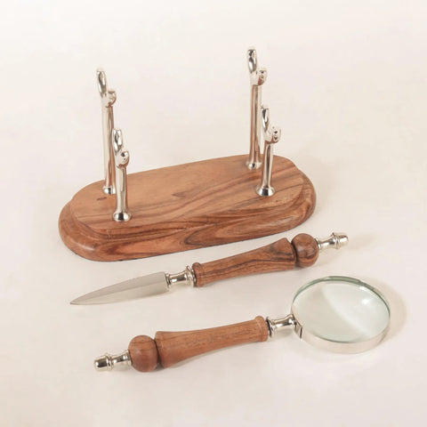 Sleek Silver Brown Wood Desk Set With Magnifying Glass And Letter Opener For Home Office Decor And Boss Level Gift Modern Executive Office Accessories